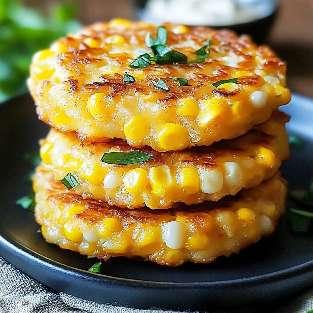 Cheesy corn fritters golden brown, served on a plate with dipping sauce.