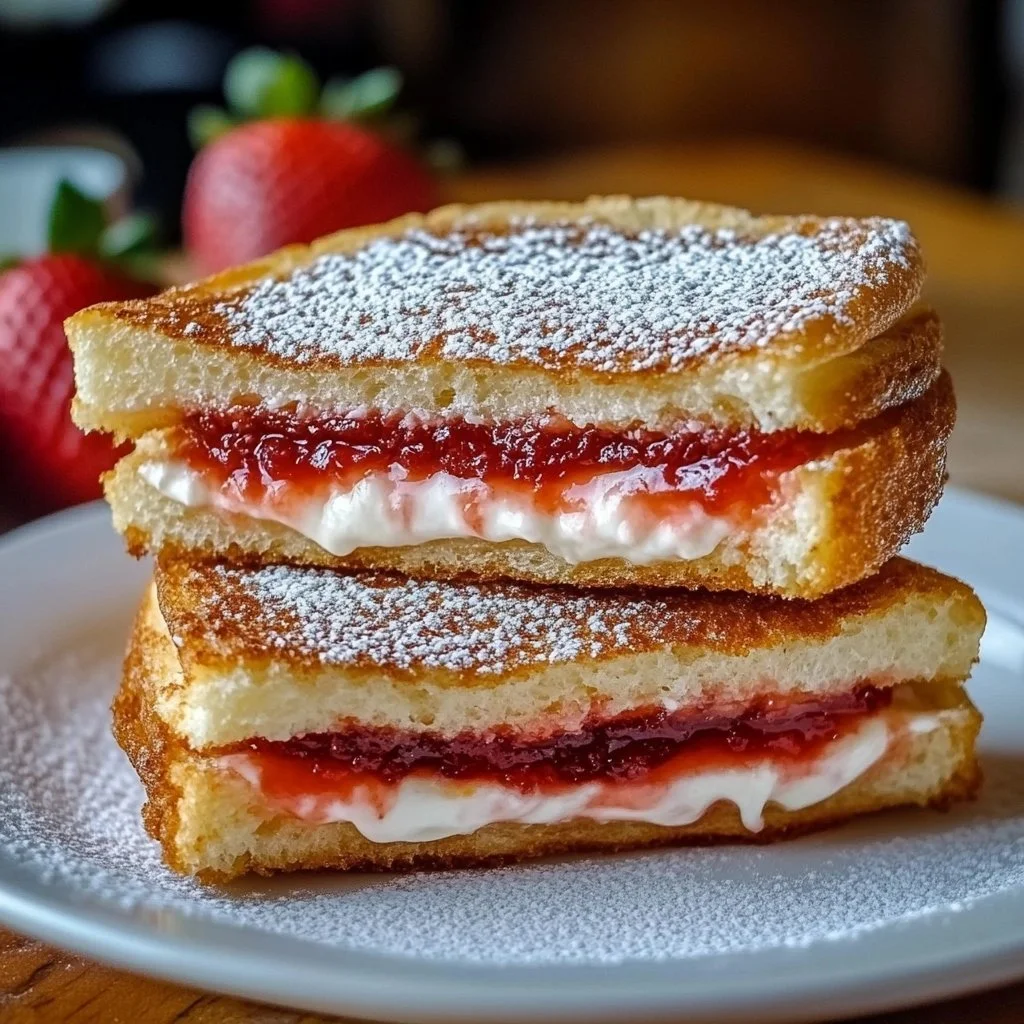 Fried strawberry cheesecake sandwiches served with strawberries on a plate