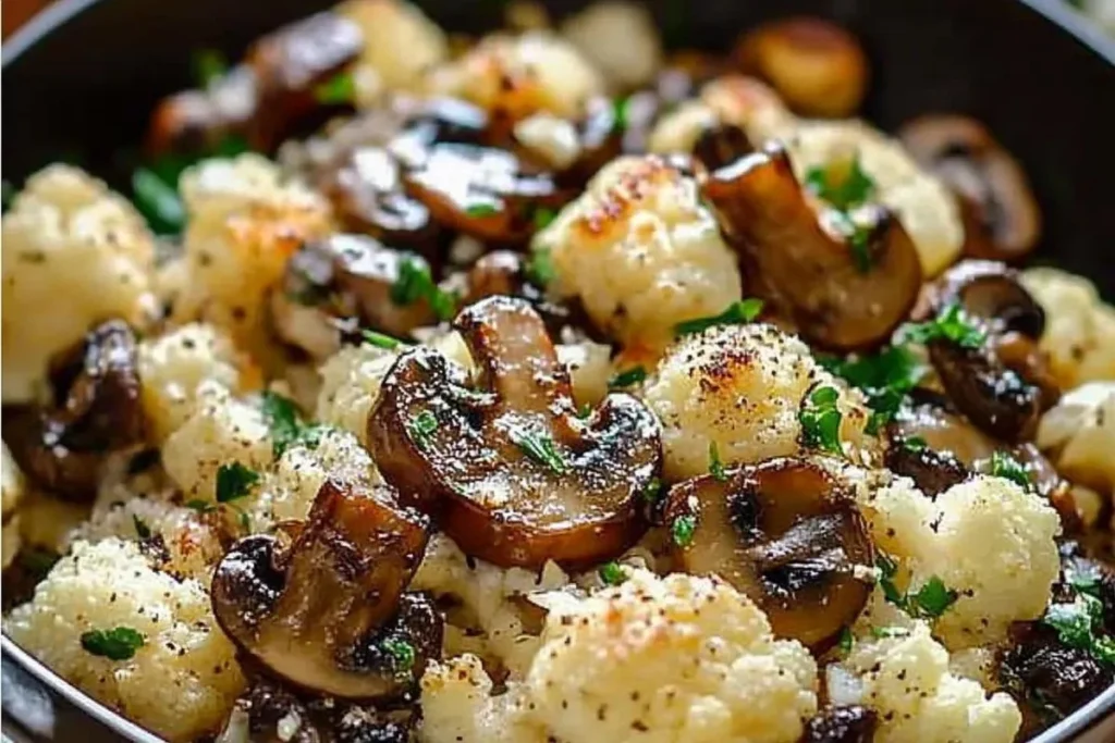 Garlic cauliflower and mushroom skillet dish served in a pan