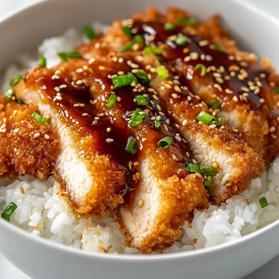 Japanese Katsu Bowls topped with savory Tonkatsu Sauce served in a bowl