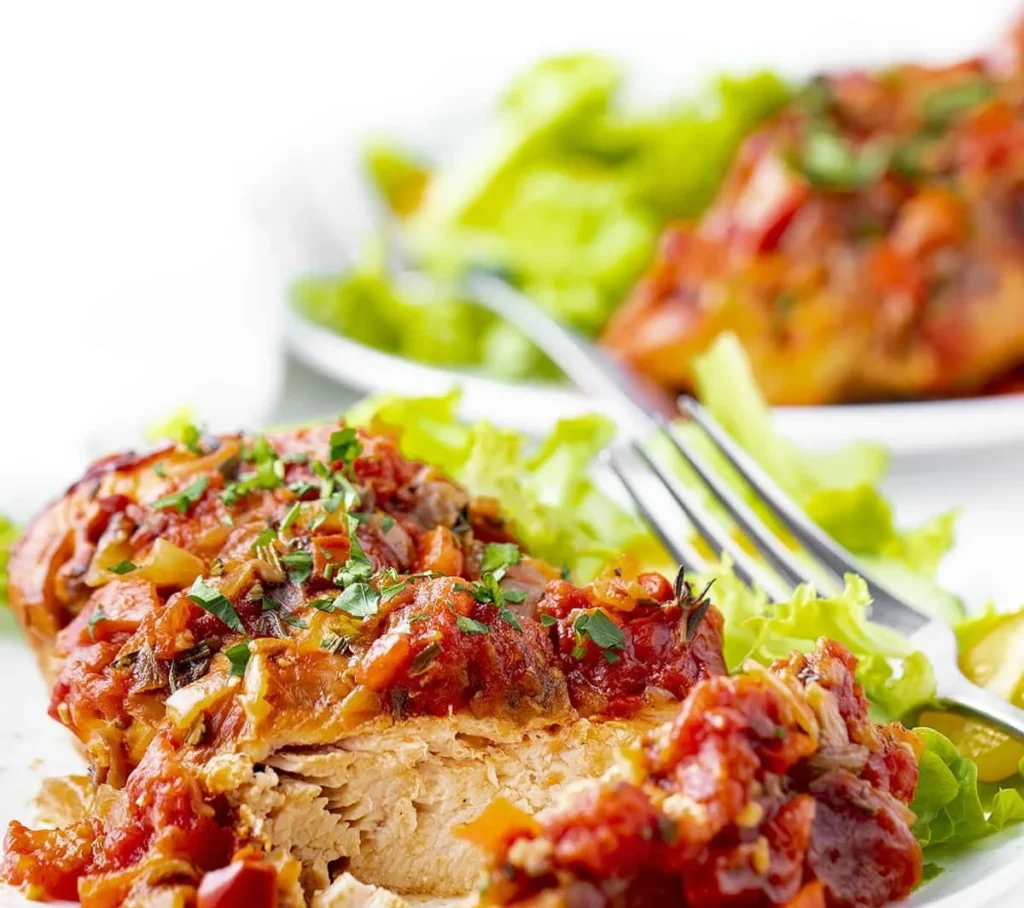 A delicious bowl of Slow Cooker Chicken Cacciatore with tomatoes and peppers