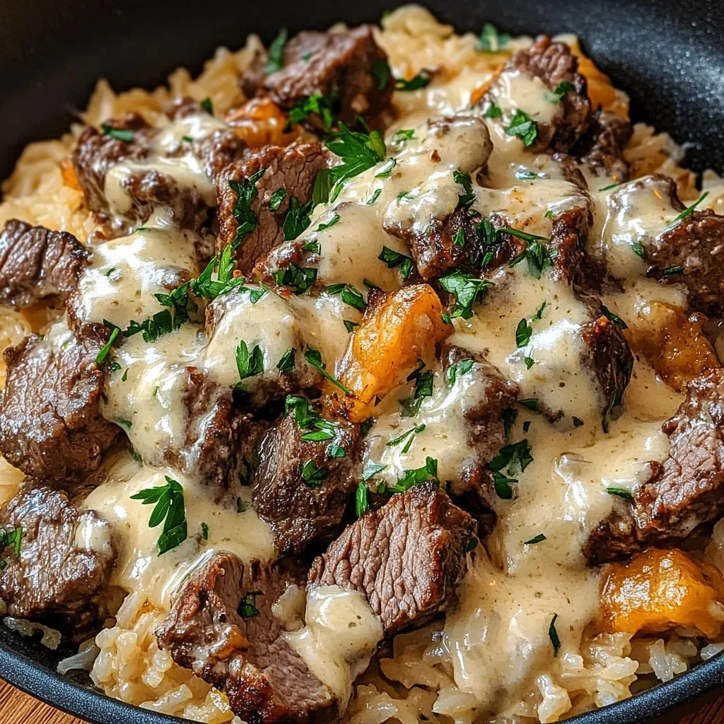 Delicious Steak and Cheese Rice served in a bowl with fresh ingredients