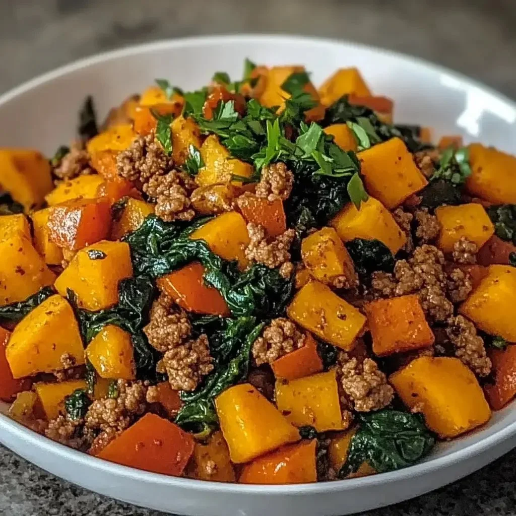 Turkey Sweet Potato Skillet with colorful vegetables in a skillet