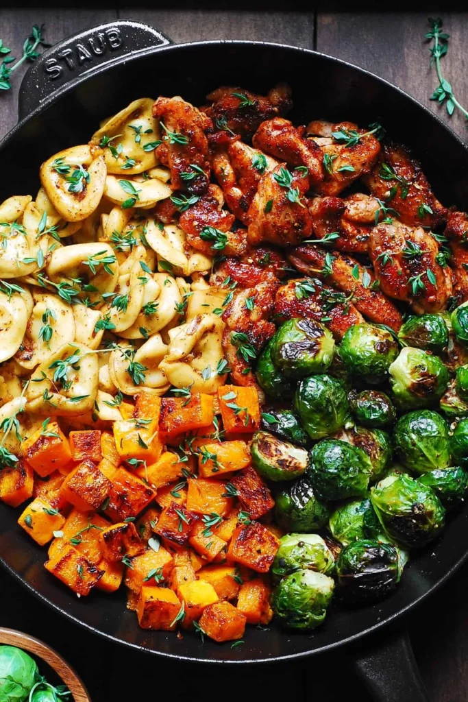 Autumn chicken dinner with roasted vegetables on a beautiful plate