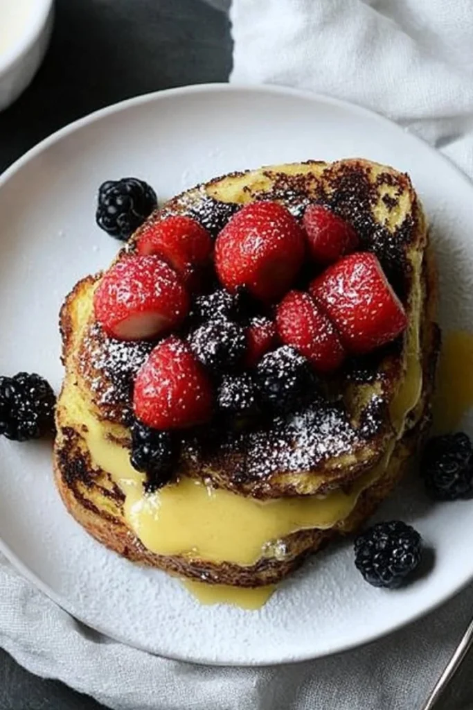 Delicious banana bread stuffed French toast served on a plate