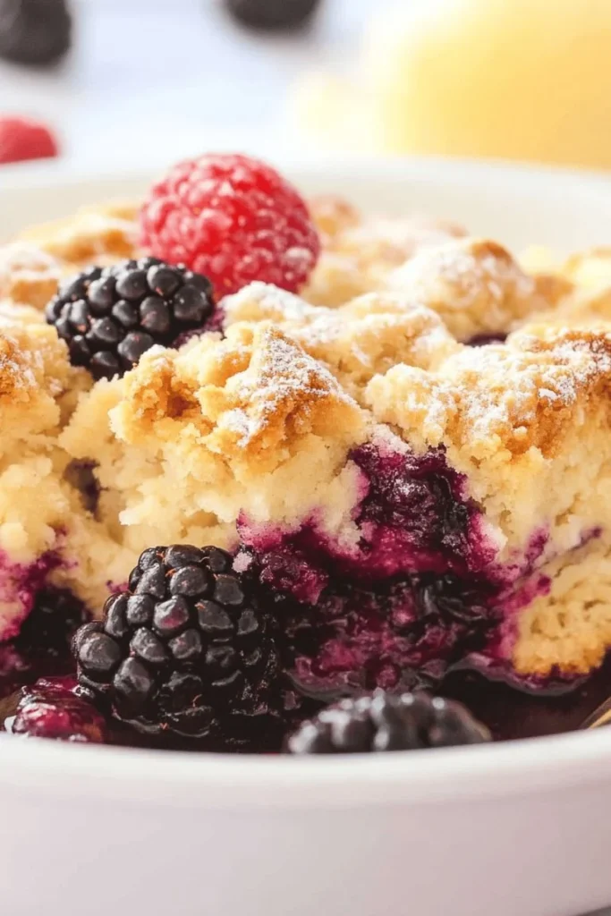 Delicious easy blackberry cobbler dessert served in a dish