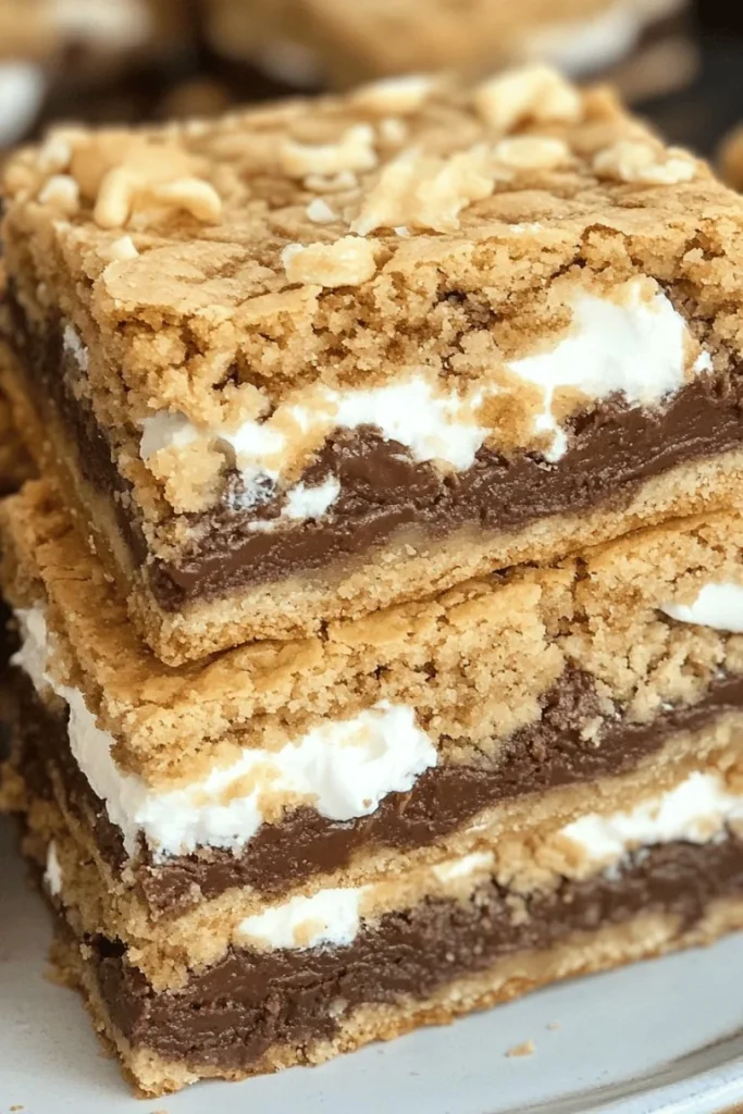 Delicious S'mores cookie bars layered with chocolate, marshmallow, and graham crackers.