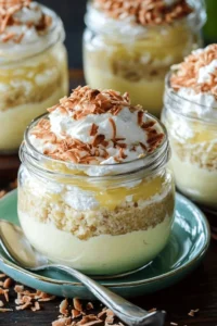 Delicious toasted coconut cream pudding served in a bowl with coconut flakes