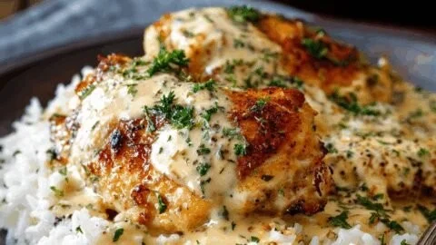 Creamy smothered chicken served over rice, a delicious comfort food dish.
