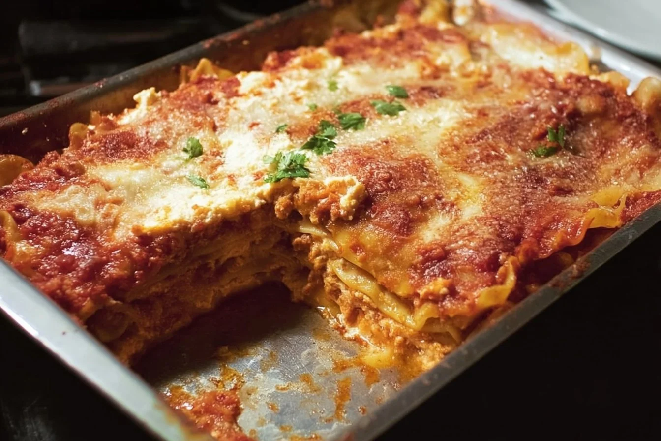 Delicious lasagna layered with cottage cheese, marinara sauce, and fresh herbs