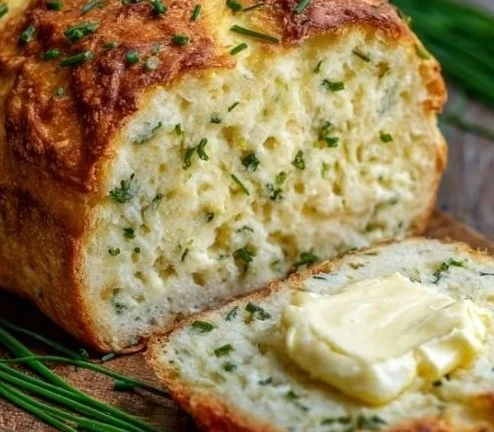 Freshly baked 2-ingredient cottage cheese bread loaf on a wooden cutting board.