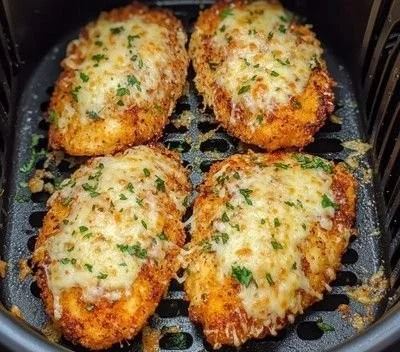 Plate of crispy Air Fryer Chicken Parmesan garnished with herbs