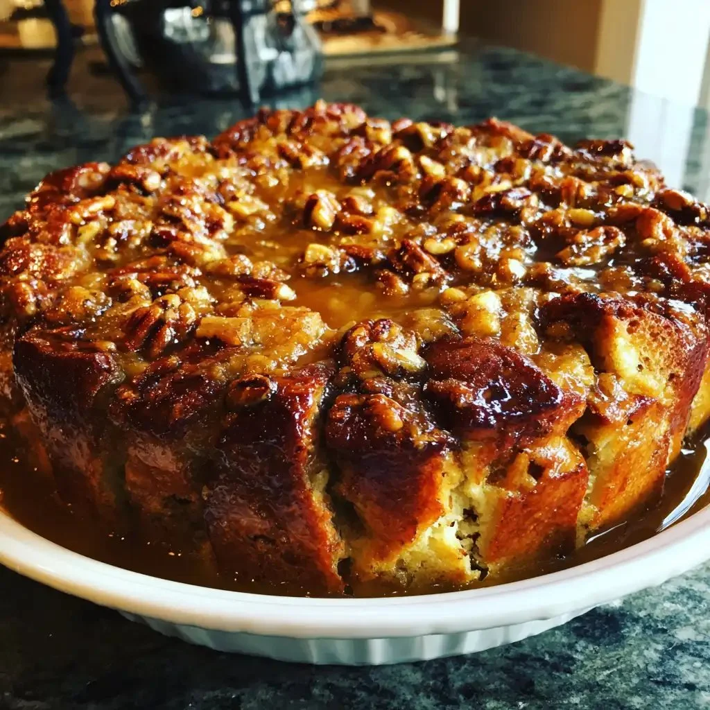 Delicious Apple Cider Pecan Bread Pudding served on a plate
