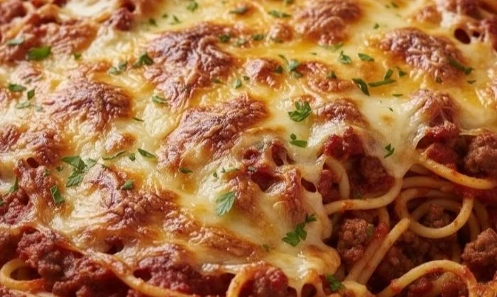 Delicious baked spaghetti casserole topped with cheese and herbs