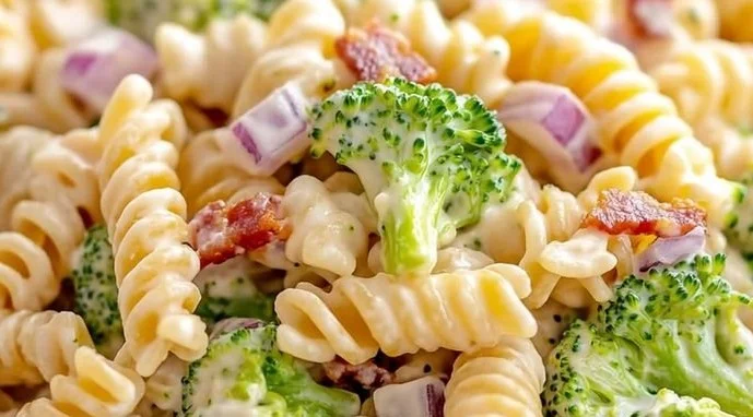 Fresh broccoli pasta salad with vibrant vegetables and dressing
