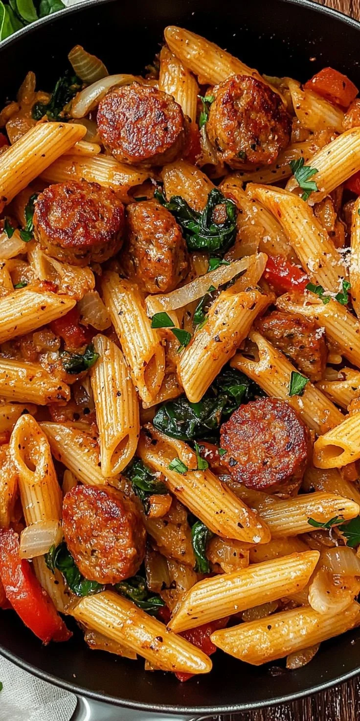 Bowl of Cajun Sausage Pasta topped with fresh herbs and spices