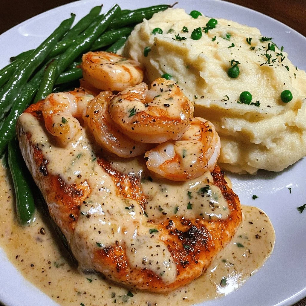Cajun shrimp and salmon served with garlic cream sauce on a plate