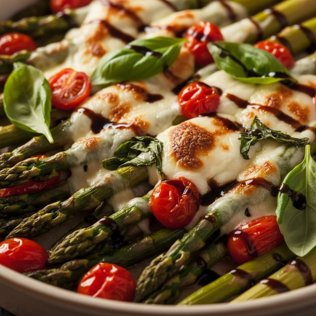 Plated Caprese Roasted Asparagus with tomatoes, mozzarella, and balsamic drizzle.
