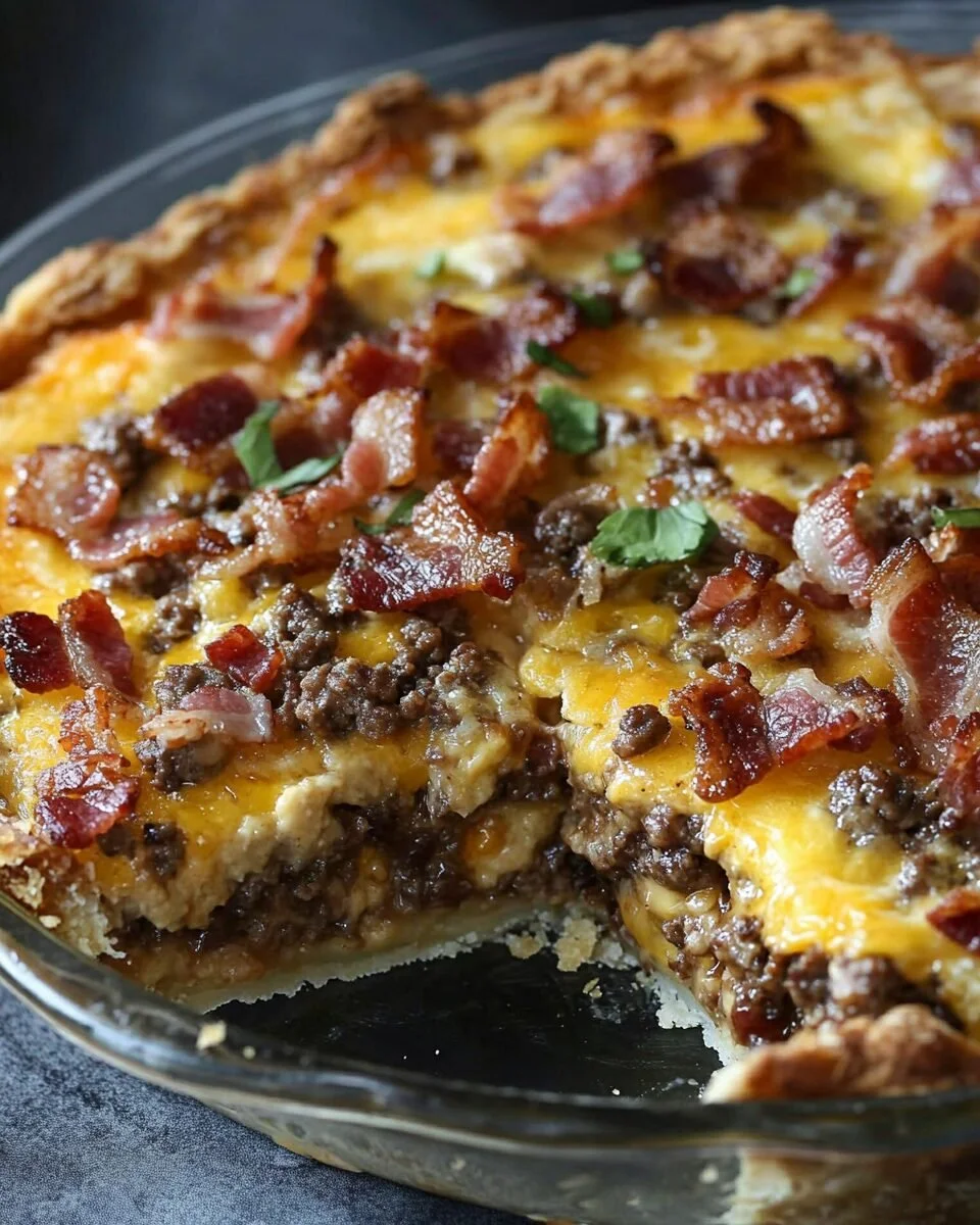 Cheesy Beef and Bacon Bake served on a plate, garnished with herbs