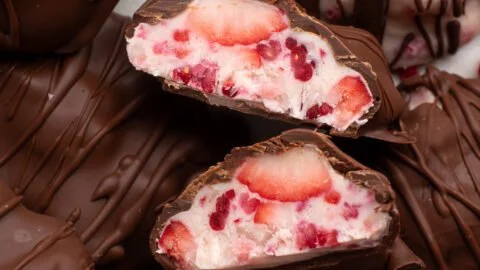 Chocolate strawberry yogurt clusters featuring rich chocolate and fresh strawberries.