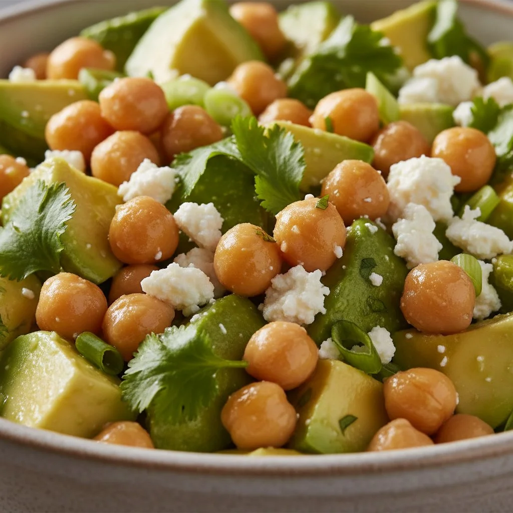 Creamy chickpea feta salad with avocado and zesty tahini dressing