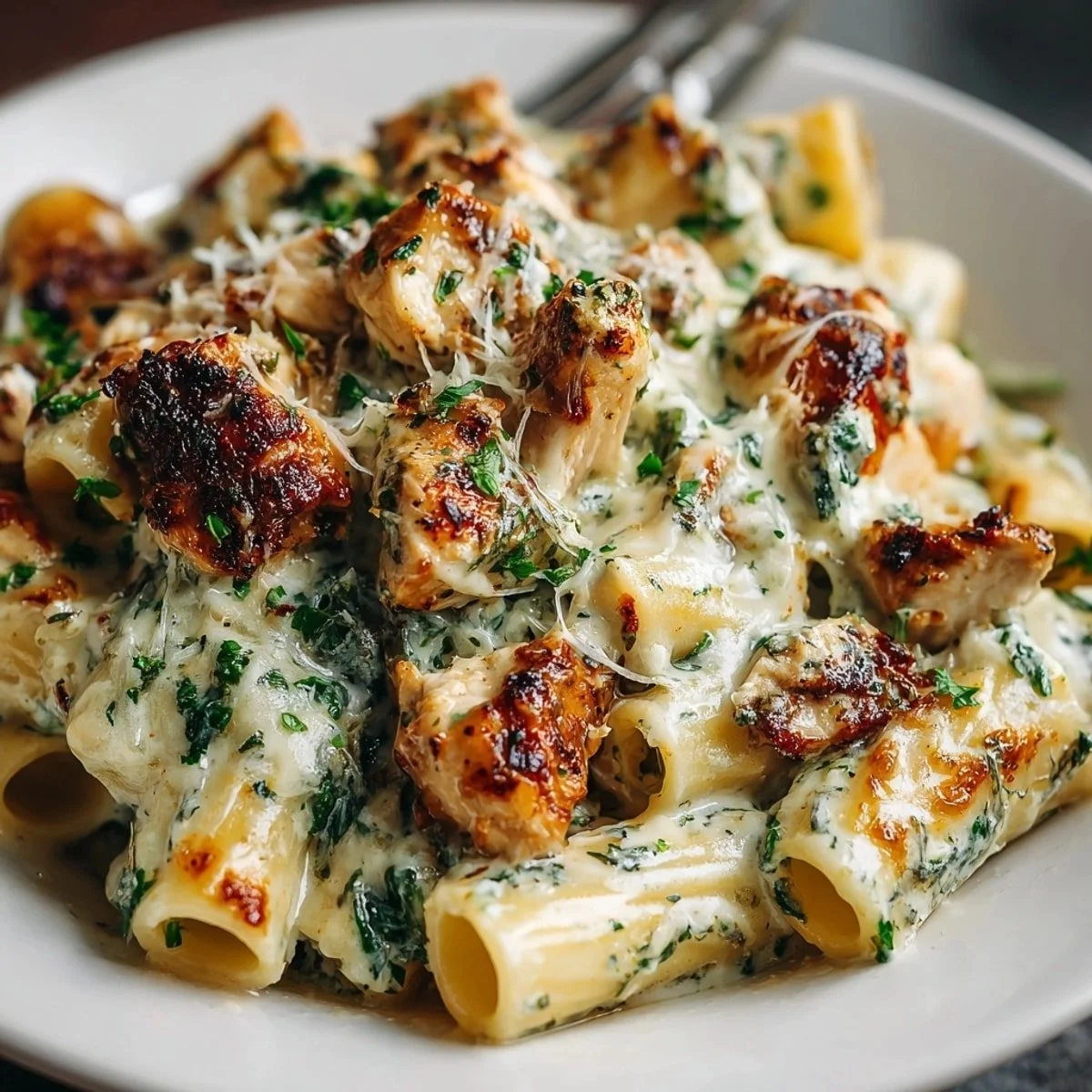 Creamy pesto chicken pasta garnished with basil and parmesan cheese