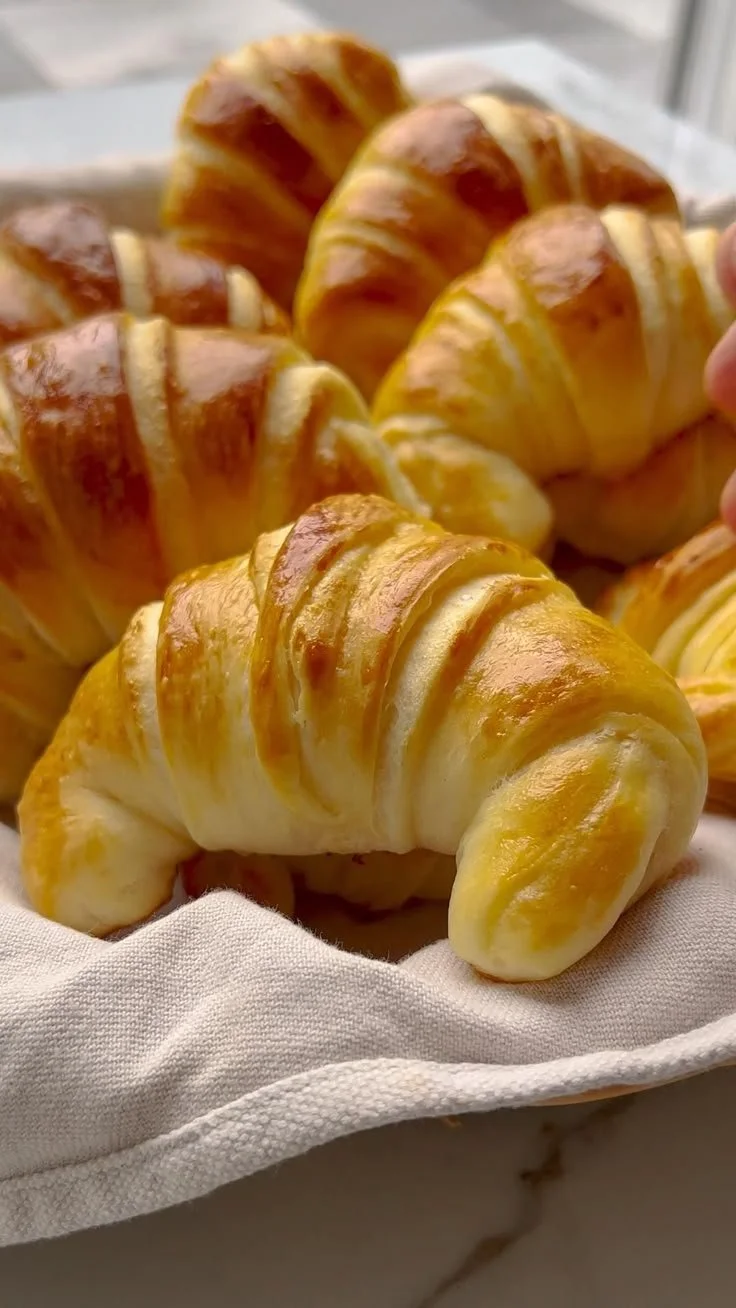 Freshly baked croissant inspired breads displayed on a wooden table.