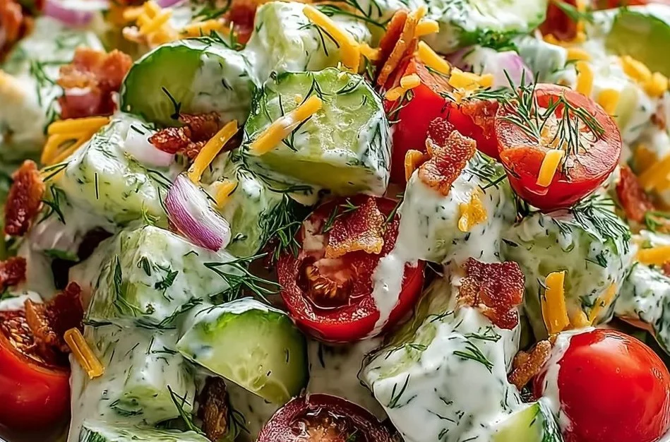 Bowl of Cucumber Ranch Crack Salad garnished with fresh herbs