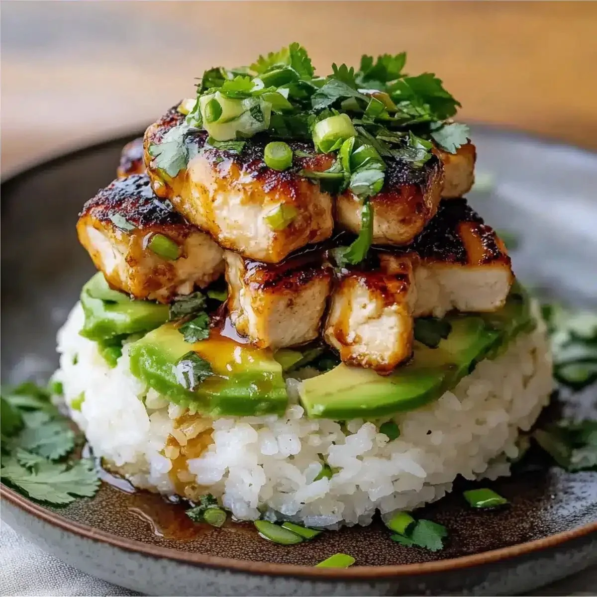 Honey Lime Chicken served on a bed of Avocado Rice Stack