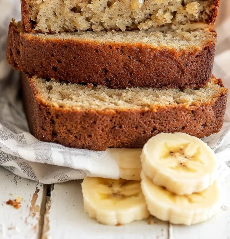 Loaf of easy banana bread with sliced pieces on a wooden table