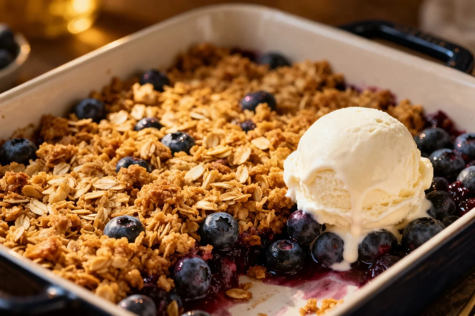 Delicious homemade blueberry crisp served in a baking dish with fresh blueberries