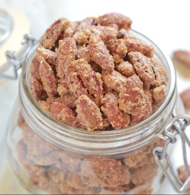 Delicious homemade cinnamon sugar pecans in a bowl