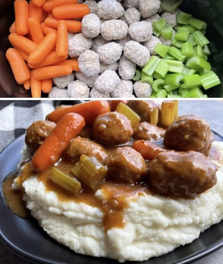 Delicious slow cooker meatball pot roast served with vegetables