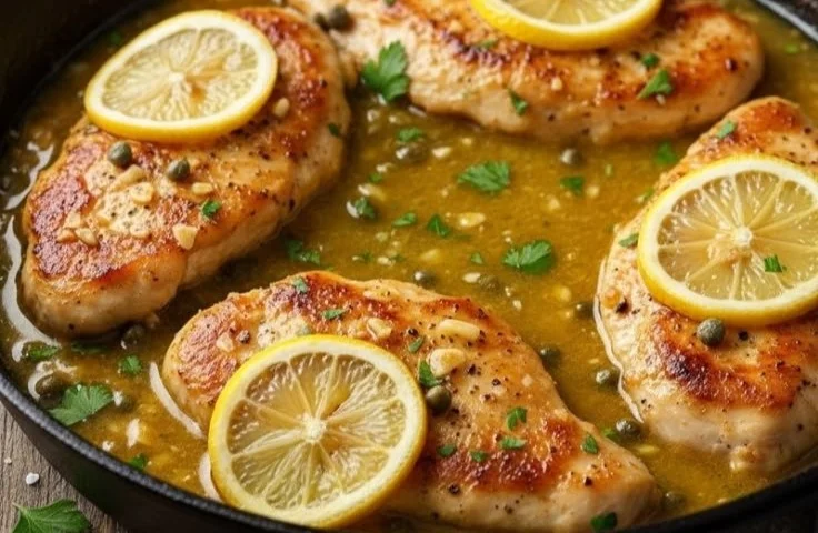 Plate of easy lemon butter chicken garnished with fresh herbs