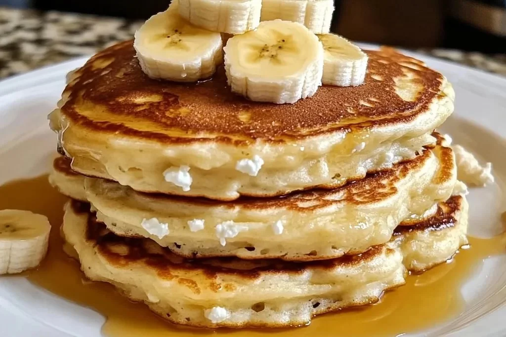 Fluffy banana pancakes made with cottage cheese served on a plate