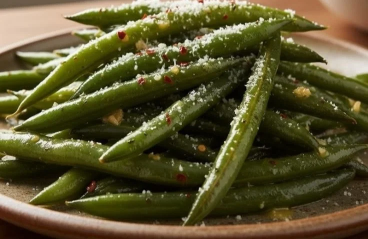 Sauteed garlic butter green beans garnished with fresh herbs