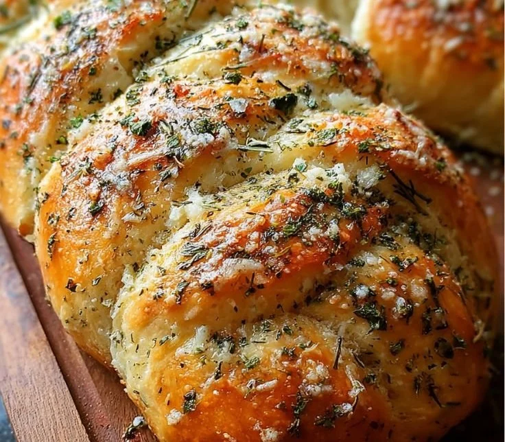 Freshly baked Garlic Parmesan Herb Bread loaf with herbs and cheese