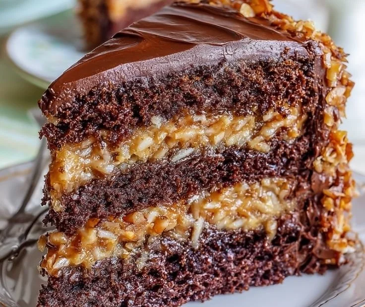 Delicious slice of homemade German Chocolate Cake with coconut and pecan frosting