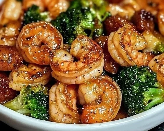 High-protein honey garlic shrimp dish served with vegetables