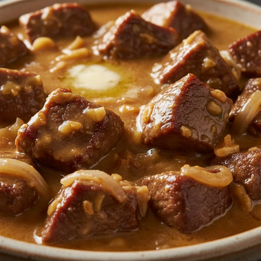 High protein slow cooker garlic butter beef bites ready to serve