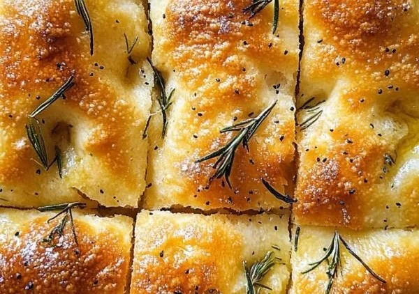 Homemade focaccia bread topped with herbs and olive oil