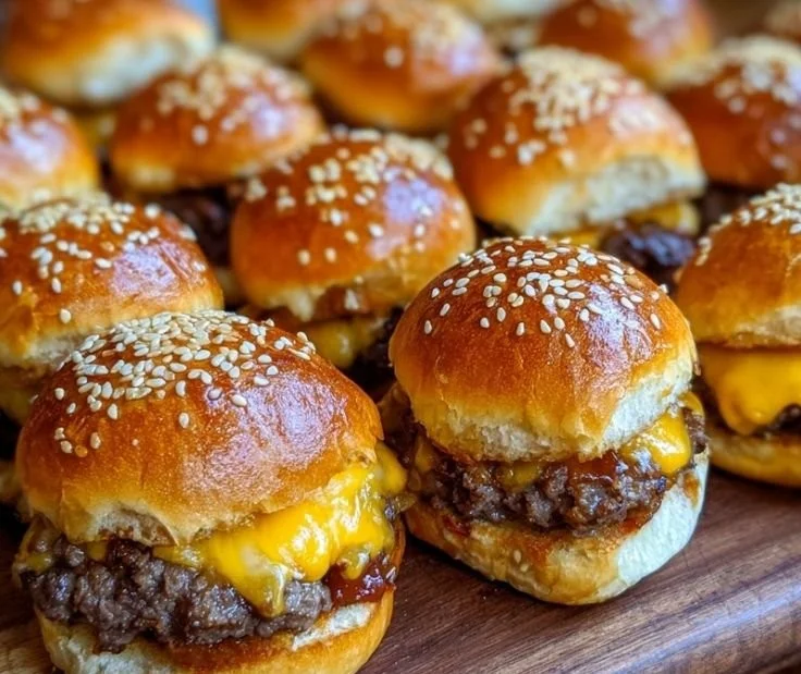 Delicious cheeseburger sliders on a platter with toppings and condiments