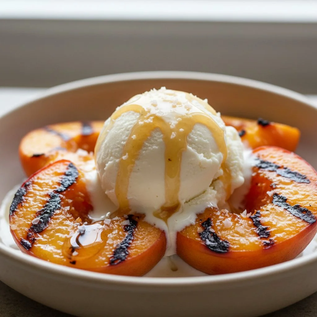Grilled peaches topped with brown butter and cinnamon-sugar glaze on a plate.