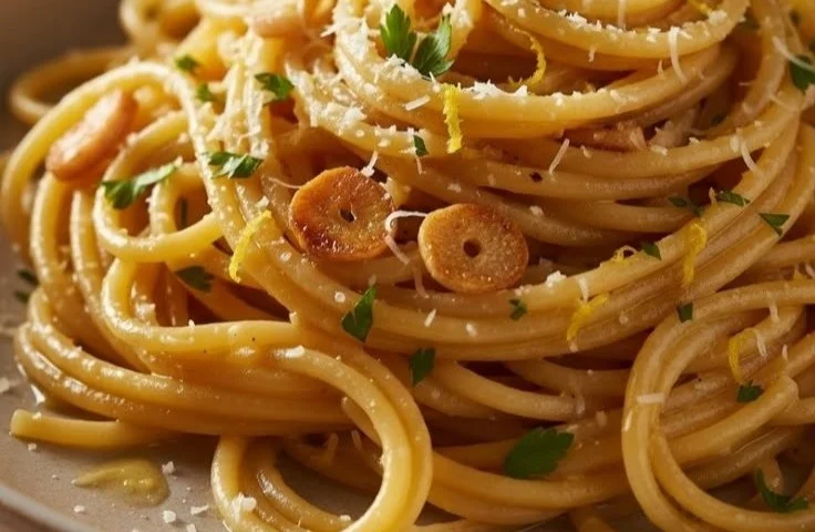 Bowl of Lemon Garlic Pasta garnished with fresh parsley and lemon slices