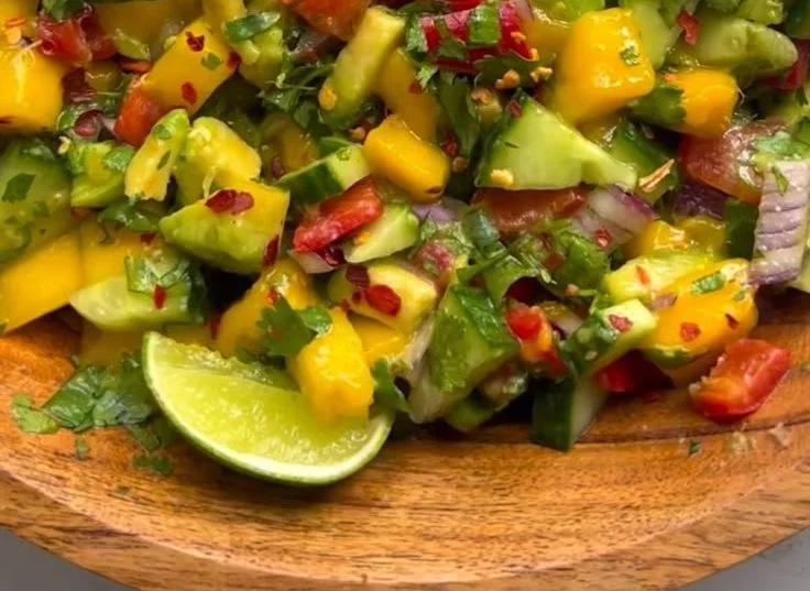 Colorful Mango Avocado Salad with fresh ingredients and vibrant presentation.