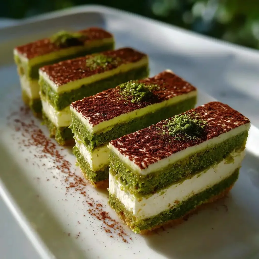 Delicious Matcha Tiramisu served in a beautiful dish with a dusting of matcha powder