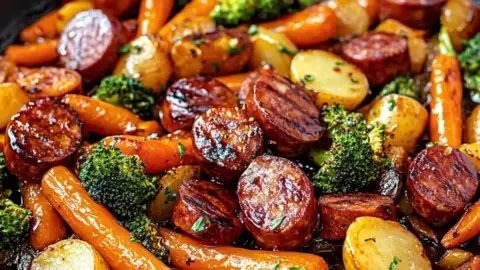 One-Pan Honey Garlic Kielbasa and Veggies served on a plate