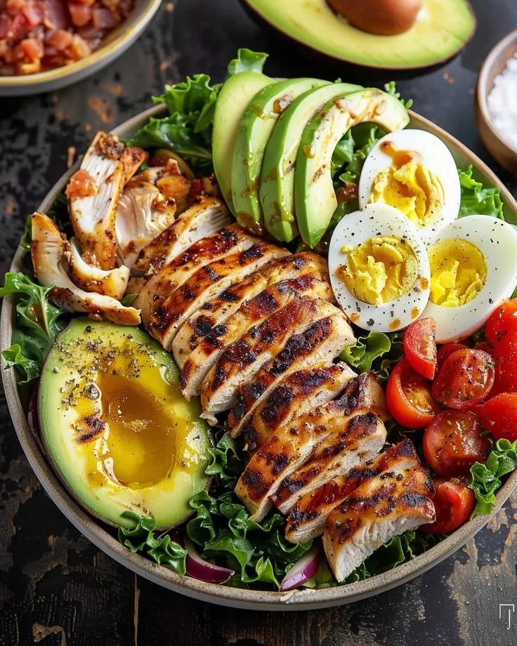 Paleo Grilled Chicken Cobb Salad with Honey Dijon Dressing served in a bowl