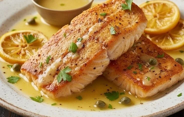 Pan-seared orange roughy fillet with lemon-caper sauce on a plate