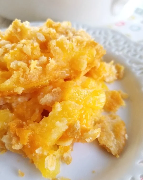 Delicious pineapple casserole dish served warm